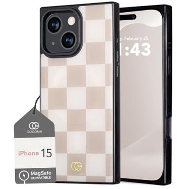 Imagem de Cocomii - Capa retangular compatível com iPhone 15 - compatível com MagSafe, padrão xadrez, estilo tabuleiro, capa de telefone magnética para iPhone 15 de 6,1 polegadas, nude/branco antigo