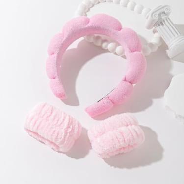 Imagem de Faixa de cabelo facial estilo toalha de espuma para spa, maquiagem e aplicação de máscara, rotinas de cuidados com a pele e cuidados faciais diários, rosa
