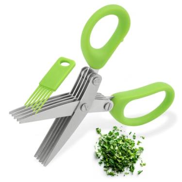 Imagem de Tesoura de ervas com 5 lâminas e pente de limpeza – Tesoura de cozinha multiuso para cortar manjericão, salsa, cebolinha e ervas frescas, aço inoxidável, lavável na lava-louças