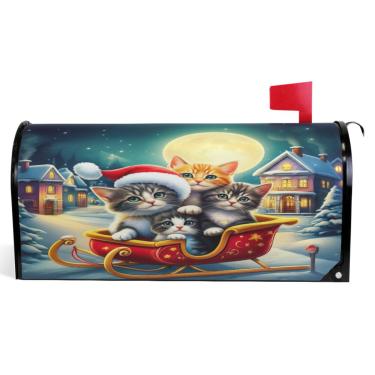 Imagem de TSENQUE Cute Kitten Cartoon Cat Xmas Decorative Mailbox Magnetic Covers Vinyl Mailbox Cover Fall Modern Mailbox Decorações Tamanho Grande 64,5 x 52,8 cm