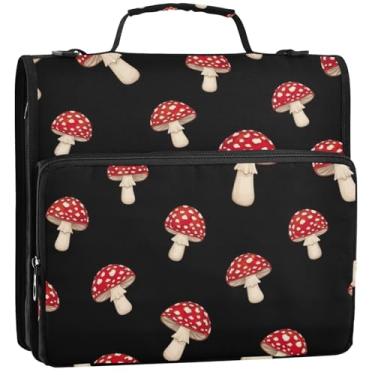 Imagem de Organizador de fichário preto com zíper de cogumelos caprichosos, 3 cm, 3 anéis, bolsa para fichários escolares resistentes com alça de ombro, vários bolsos, pasta grande, 34,5 x 31,5 x 9 cm