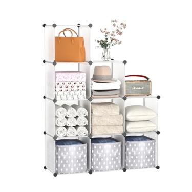 Imagem de C&AHOME Armazenamento de cubos, prateleira de livros de 9 cubos, organizador de armário de plástico, estante empilhável DIY, unidades de prateleiras modulares ideais para casa, escritório, quarto de crianças, 92 cm C x 31,5 cm L x 122 cm A. Branco translúcido