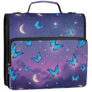 Imagem de Pastas com 3 anéis de borboletas azuis, lua e noite, 3,5 polegadas, anel D, fichário, fichário, fichário com alça para escola secundária, portfólio de trabalho e estojo para pasta de anéis, 34,5 x