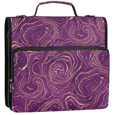 Imagem de Fichários grandes com 3 anéis de 3,8 cm, organizador de fichário roxo mármore com zíper, vários bolsos, pasta grande para fichários escolares com alça de ombro, 34,5 x 31,5 x 9 cm