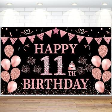 Imagem de Decorações de aniversário de 11 anos, faixa de fundo de feliz aniversário de 11 anos, ouro rosa, tamanho grande, bandeira triangular, balões, decoração de fundo para meninas, meninos, 11 anos, artigos