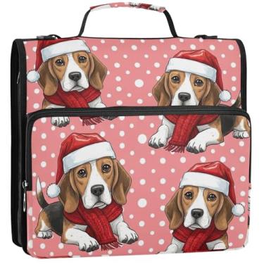 Imagem de 3 fichários de 3,8 cm Anel D Beagle Dogs Red Santa Hats Red Zip Up Binder Binder fichário com alça bolsa escolar de desenho animado portfólio e estojo suporte de pasta, 34,5 x 31,5 x 9 cm