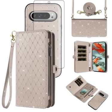Imagem de Asuwish Capa de celular para Google Pixel 9 Pro XL com zíper carteira destacável com protetor de tela de vidro temperado alça transversal com glitter flip porta-cartões slot Pixel9 9Pro 9ProXL nove