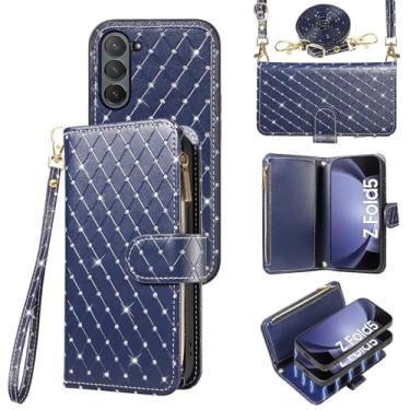 Imagem de Compatível com Samsung Galaxy Z Fold 5 5G 2023 capa carteira com zíper celular alça transversal alça brilhante flip porta-cartão slot capa de telefone para ZFold5 Z5 G Fold5 ZFold 5Z mulheres meninas