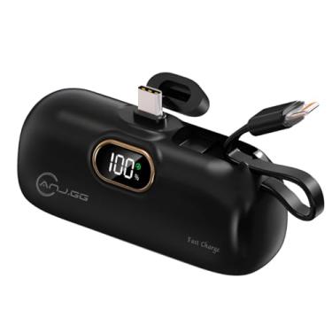 Imagem de ANJ.GG Power Bank Portátil 5000mAh, Conectores Lightning e Type-C, para Smartphone, Preto, Carregamento Rápido, Desligamento Automático, Bateria