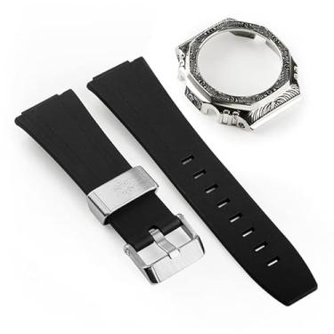 Imagem de JDIME Capa de relógio de aço inoxidável esculpida com pulseira de borracha de terceira geração para GA2100 retrofit e upgrade DIY (preto prata)