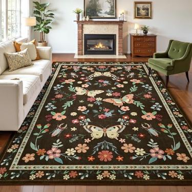 Imagem de Tepook Tapetes de área de impressão 15 x 23 cm para sala de estar, tapete floral de borboleta antiderrapante lavável para quarto, tapetes modernos de pilha baixa com suporte de borracha para sala de