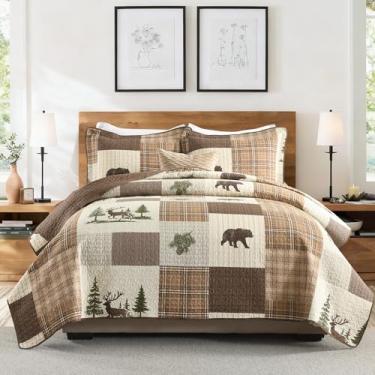 Imagem de Finlonte Conjunto de edredom tamanho Queen, 100% algodão, conjunto de edredom com 3 peças, xadrez e casa de fazenda para todas as estações (250 x 228 cm)