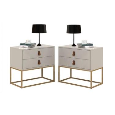 Imagem de Kit 2 Mesa Criado Estilo Industrial 2 Gavetas Puxador em Couro Pés de 