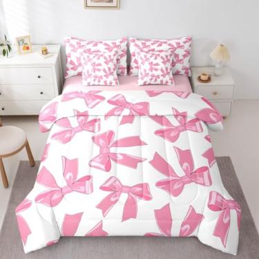Imagem de Erosebridal Conjunto de cama de 7 peças com laço rosa, conjunto completo de edredom com laços coquete, lençol com gravata borboleta em uma bolsa, 2 fronhas, 2 fronhas