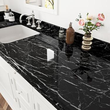 Imagem de Skyblur Papel de contato de mármore preto à prova d'água papel de parede de mármore descascar e colar papel de contato preto brilhante para bancadas cozinha armários Backsplash vinil removível papel