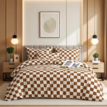 Imagem de honey qiao Conjunto completo de edredom xadrez branco de abóbora, marrom, macio, aconchegante, xadrez, tamanho casal, 3 peças, edredom feminino e masculino