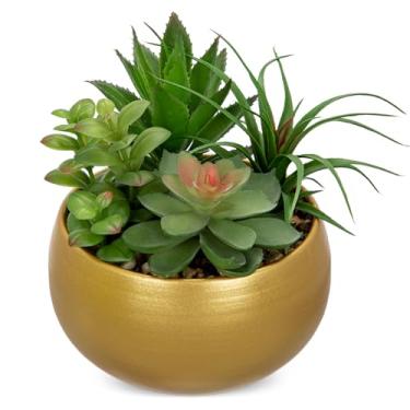 Imagem de Briful Suculentas falsas em vaso de metal dourado, arranjo de plantas suculentas artificiais para decoração de casa, peças centrais de mesa, mesa, escritório, banheiro, prateleira, decoração