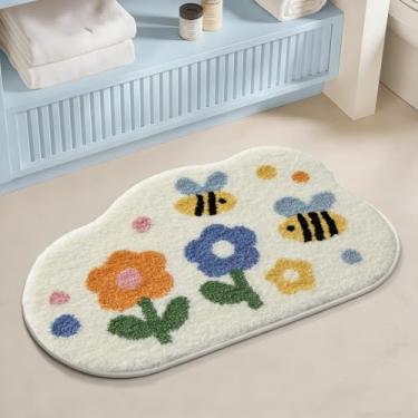 Imagem de Tapete de banho, tapetes de banheiro de flores fofas com microfibra macia e espessa, tapete absorvente de secagem rápida antiderrapante, tapete decorativo felpudo lavável na máquina para entrada de