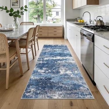 Imagem de GarveeHome Tapetes de corrida de 5 x 20 cm, lavável na máquina, antiderrapante, macio, resistente a manchas, abstrato para corredor, quarto, azul-marinho