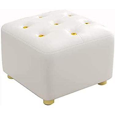 Imagem de Elegante descanso de pé branco otomano com botão dourado, banquinho de couro pequeno, pufe versátil para sofá, 30 x 30 x 25 cm - decoração de casa elegante e conforto