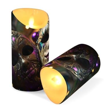 Imagem de SEHANY Máscara de carnaval velas sem chamas com controle remoto e temporizador, 2 peças de velas de pilar de LED cintilantes operadas por bateria para decoração de festa de casamento, dia dos