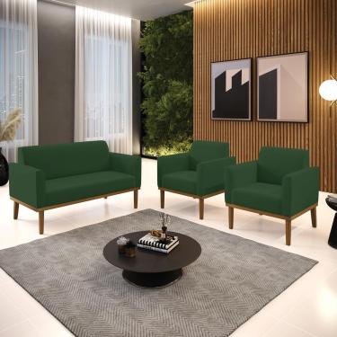 Imagem de Conjunto 2 Poltronas e 1 Namoradeira Decorativa Isabella Pés Fixo em Madeira Castanho Veludo Verde Esmeralda G19 - Gran Belo