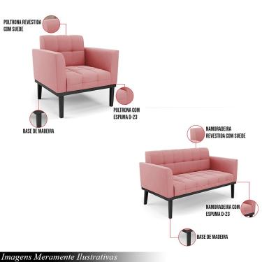 Imagem de Conjunto Poltrona e Namoradeira Decorativa Karen Pés Fixo em Madeira Preto Suede Rose G19 - Gran Belo