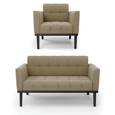 Imagem de Conjunto Poltrona e Namoradeira Decorativa Karen Pés Fixo em Madeira Preto Suede Nude G19 - Gran Belo