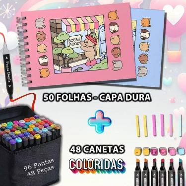 Imagem de Kit Caderno + Canetinhas Bobbie Goods Ponta Dupla 48 - Azul