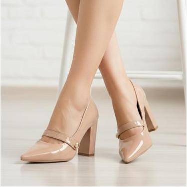 Imagem de Sapato Scarpin Social Salto Alto Grosso Bico Fino Tira Feminino 9cm - 