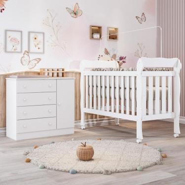 Imagem de Quarto Bebê Berço Americano 3 em 1 Lila Cômoda Infantil Fraldário Lia 100% MDF Branco Carolina Baby