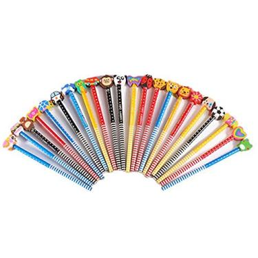 Imagem de ERANCE Pacote com 50 lápis de animal de desenho colorido sortido com borrachas pontilhadas aleatórias e listras lápis de madeira em massa para materiais escolares e presentes de prêmio infantis, 18,5 cm (7,28 pol.)