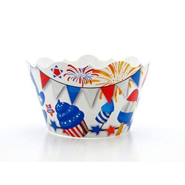 Imagem de Pacote com 12 embalagens para cupcake de festa de 4 de julho - lembrancinhas para churrasco de 4 de julho, decoração para festa de cupcake de dia de independência com tema vermelho branco e azul