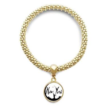 Imagem de DIYthinker Pulseira dourada com pingente redondo New York USA Liberty Outline