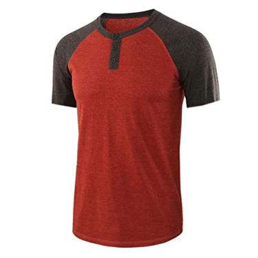 Imagem de Camisetas Henley masculinas verão ajuste solto raglan manga curta três botões respirável camiseta (cor: preto-vermelho, tamanho: GG)
