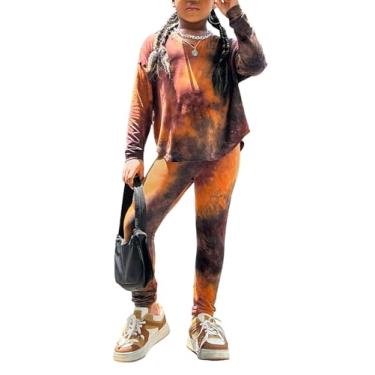 Imagem de Milumia Conjunto de 2 peças para meninas com estampa camuflada ombro caído meia manga camiseta e legging, Tie Dye laranja, 10 Anos