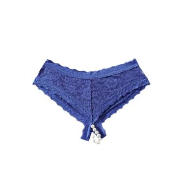 Imagem de OYOANGLE Calcinha feminina de renda floral com recorte de pérola, cintura baixa, calcinha tanga elástica sem virilha, Azul royal, G