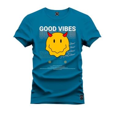 Imagem de Camiseta Casual Malha Confortável Estampada Good Vibes Azul P