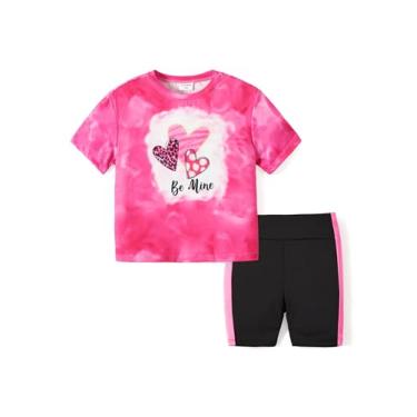 Imagem de PATPAT Conjunto de 2 peças de roupas para crianças meninas camiseta de manga curta top e estampa estampa ciclista shorts roupas de verão, Rosa Vigoroso, 9-10 Anos