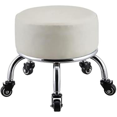 Imagem de Banco baixo redondo de couro PU com 5 rodas, estofamento de assento grosso, banco baixo doméstico multifuncional para pedicure e esfregar o chão, branco1