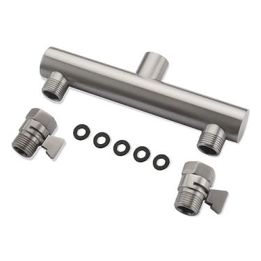 Imagem de HAMOLER Coletor duplo de cabeça de chuveiro com válvula de desligamento de latão para sistema de chuveiro duplo, níquel escovado