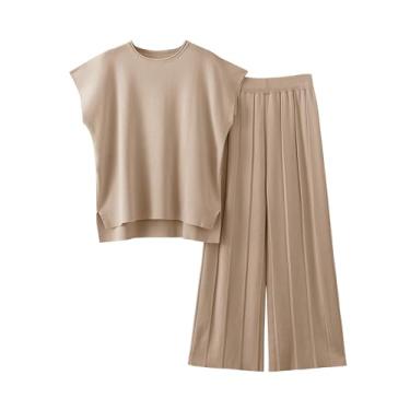 Imagem de VATEAMI Conjunto feminino de malha de 2 peças, pulôver, blusa de cintura alta, calça larga, Caqui, Small