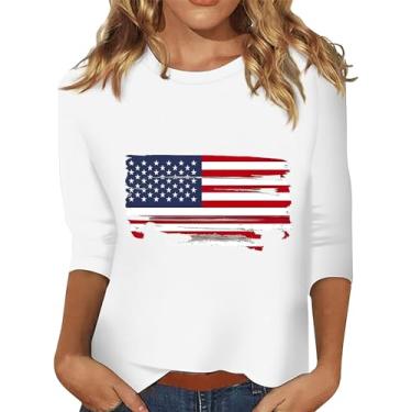 Imagem de Camisetas femininas de 4 de julho com a bandeira americana do Dia da Independência Camiseta casual Patriotic Memorial Day, blusa de manga 3/4, Branco, XXG