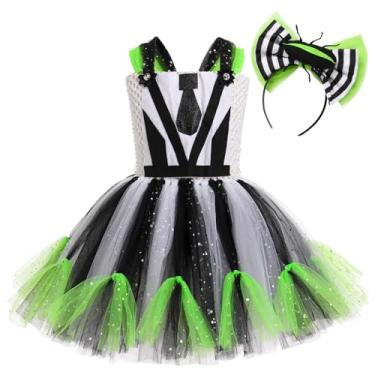 Imagem de Fantasia de Halloween feminina listrada em preto e branco com faixa de cabeça e babados tule, vestido tutu para crianças, Preto, 10-12 Years
