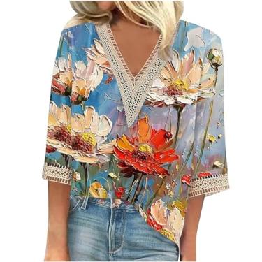 Imagem de Generic Camisetas femininas de tamanho grande com patchwork de renda manga 3/4 de comprimento e gola V estampa floral pulôver, 20 cores, 4G