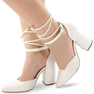 Imagem de Sapato Scarpin Re&Ton Bico Fino Salto Médio Grosso SC8, Branco, 36