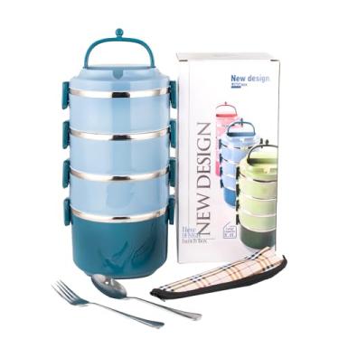 Imagem de Lancheira de aço inoxidável 304 com função de vedação, cesta de combinação de múltiplas camadas para piquenique (azul, 4 camadas)