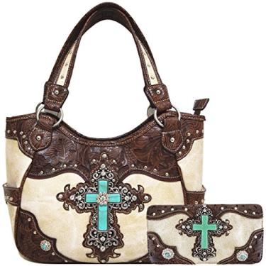 Imagem de WESTERN ORIGIN Feminino Estilo Ocidental Strass Cruz Conchos Cravejado Bolsa de Couro Ferramentado País Bolsa de Ombro Conjunto Carteira Tripla (Bege #2)