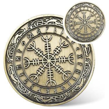 Imagem de IELCJJ Moeda Viking Helm of Awe - Moeda Viking Runes Aegishjalmur - Amuleto Talismã protetor da mitologia nórdica - Presentes viking para homens e mulheres