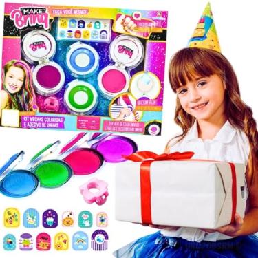 Imagem de Kit 2 em 1 camarim infantil brinquedo faça mechas coloridas de cabelo salão de beleza + 1 presilha rosa e adesivos para unhas presente menina 3 anos